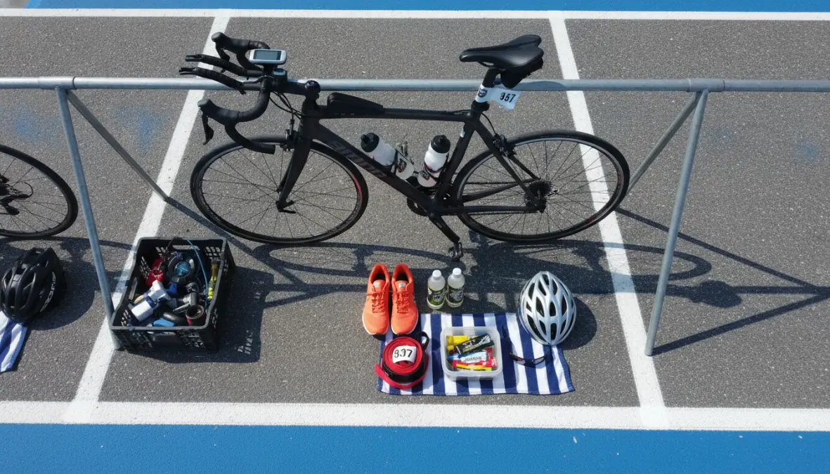 Triathlon transition zone setup for efficient bike to run transition practice