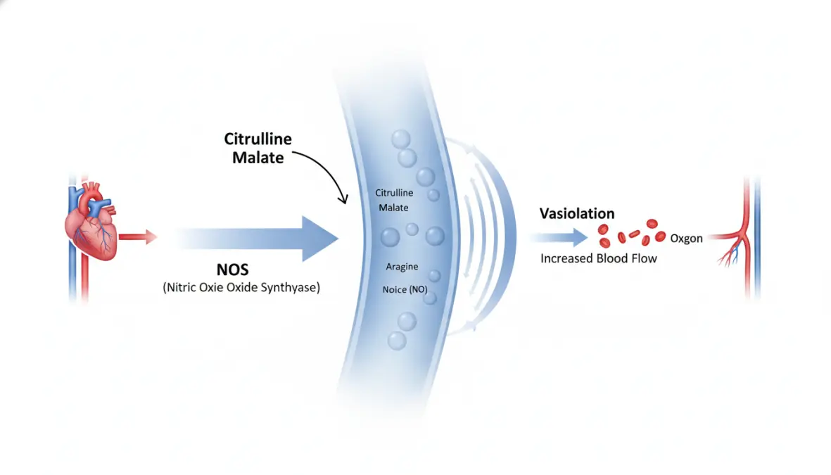 Diagram showing how citrulline malate converts to arginine and increases nitric oxide production for blood flow enhancement