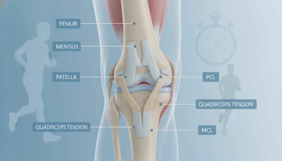 Anatomical illustration of joint health showing cartilage and connective tissue supported by collagen supplements