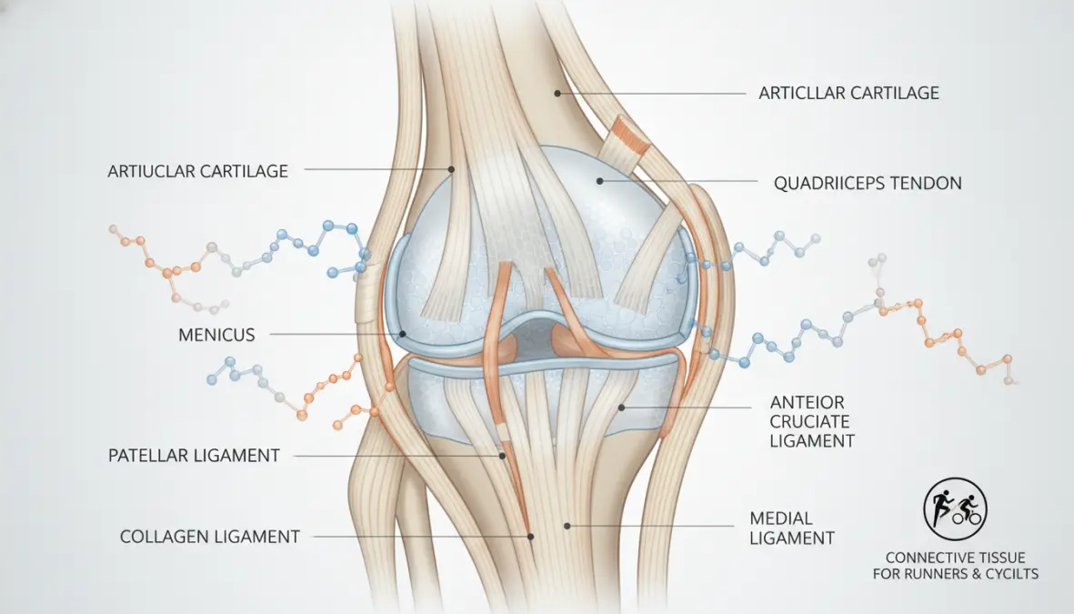 Anatomia del ginocchio che mostra cartilagine e tessuto connettivo supportato da integratori di collagene per atleti