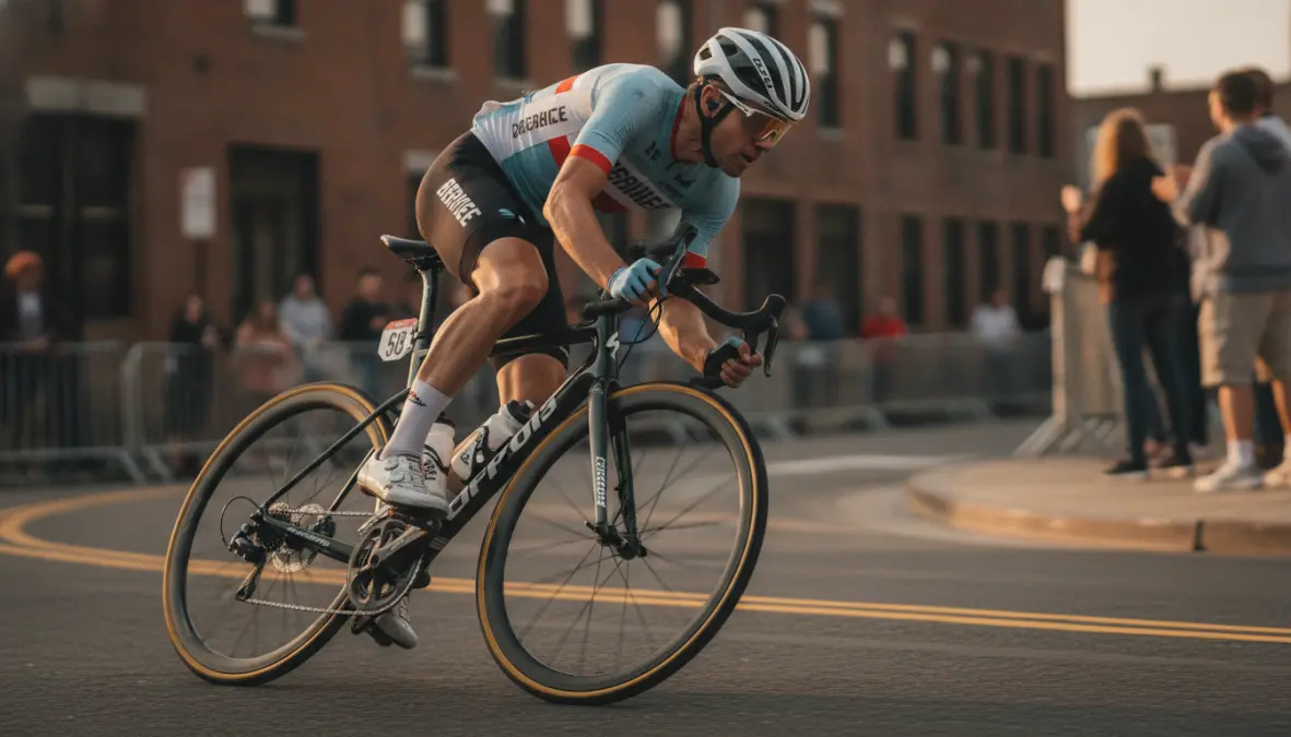Proper criterium cornering technique demonstration showing cyclist body position and bike lean angle