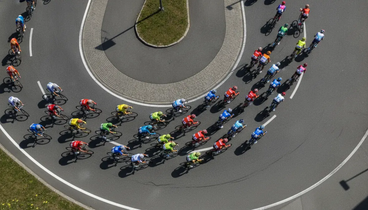 Aerial view of criterium race showing peloton positioning and pack riding tactics during circuit racing
