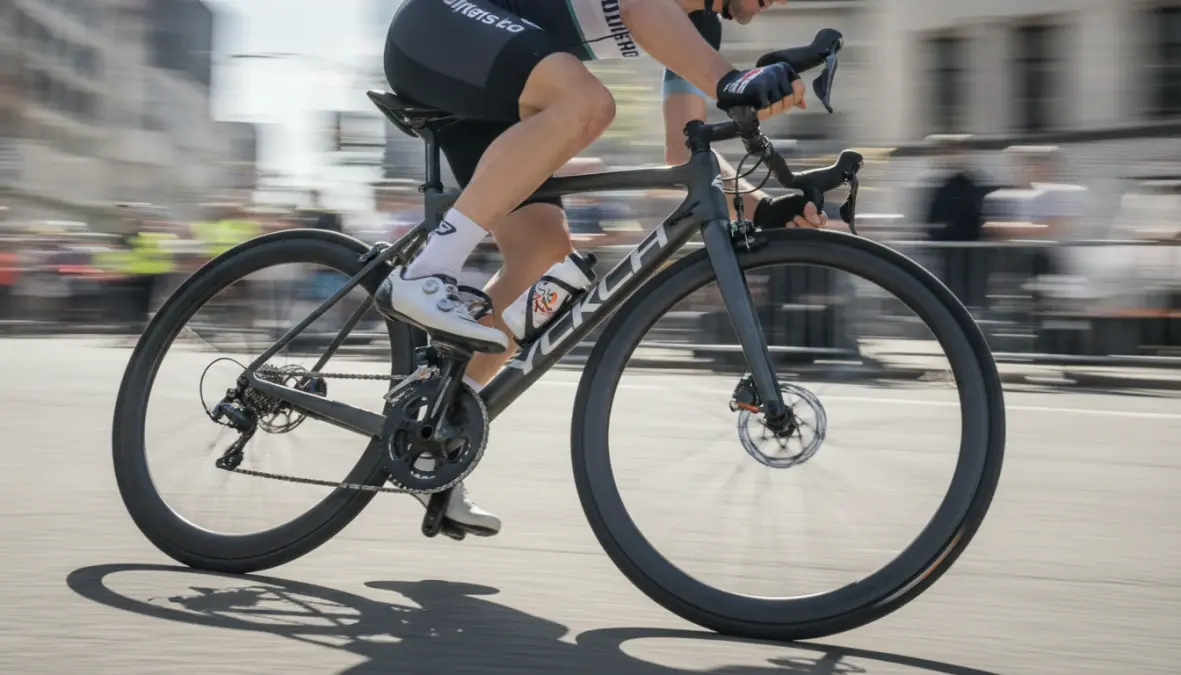 Cyclist demonstrating proper criterium cornering techniques with correct body position and bike lean angle