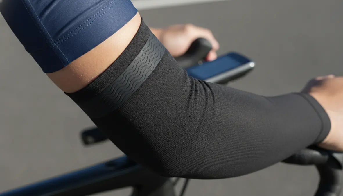 Close-up of properly fitted cycling arm warmer showing gripper elastic and correct sizing