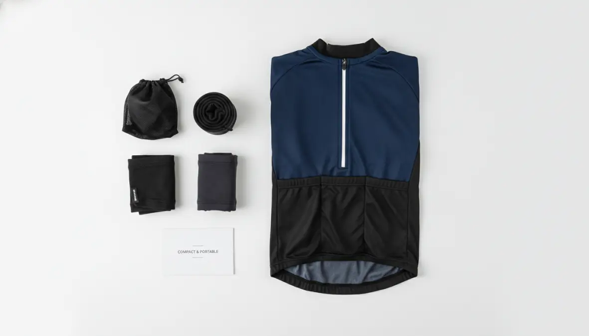 Rolled up cycling arm warmers and leg warmers showing compact storage size next to cycling jersey