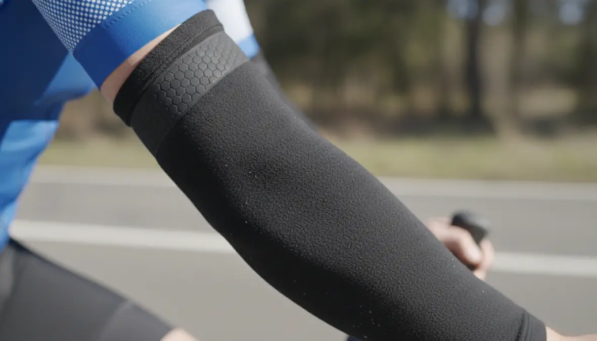 Close-up of thermal cycling arm warmers with silicone grippers under jersey sleeve