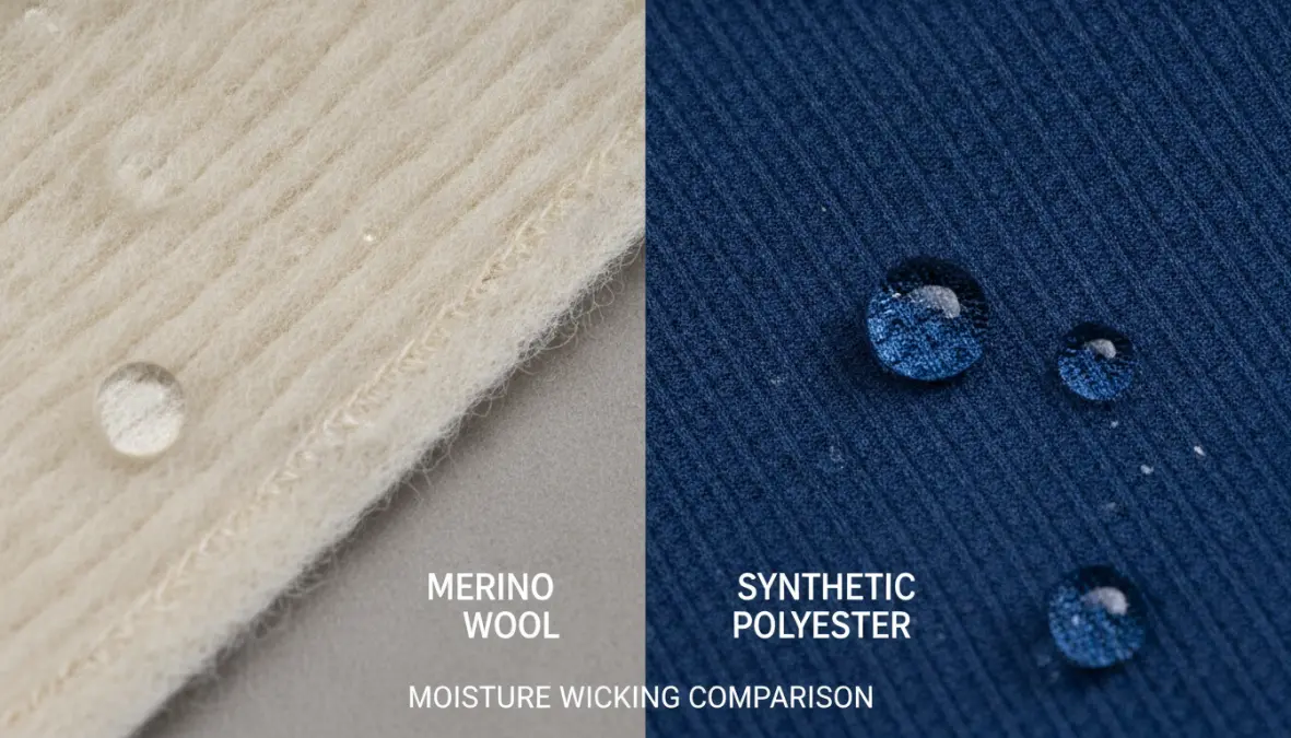 Comparison of merino wool and synthetic cycling base layer fabrics showing texture and moisture wicking properties