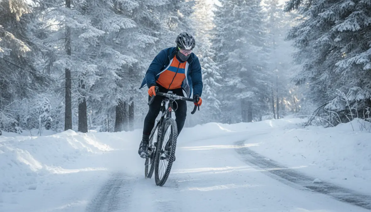 Winter cyclist demonstrating proper seasonal cycling layers including base layer for cold weather riding
