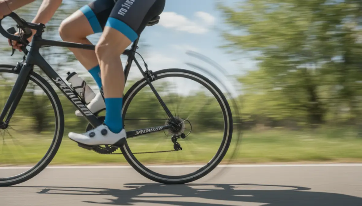 Cyclist legs performing high cadence spin-up drill showing efficient pedaling technique