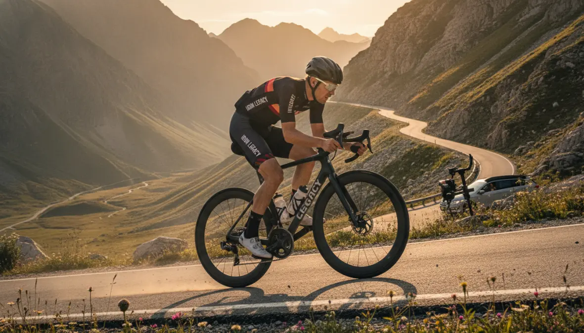 Cyclist doing low cadence strength drill on hill for improved pedaling efficiency