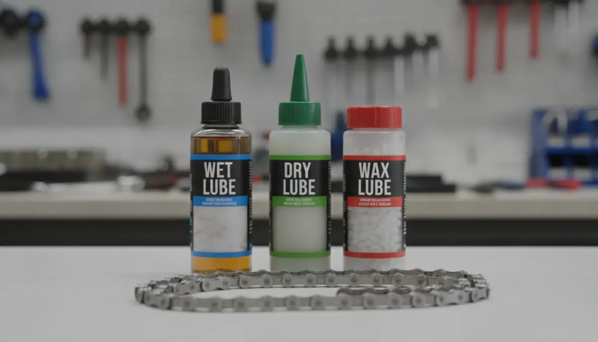Comparison of wet chain lube, dry chain lube, and wax chain lubricant bottles for bicycle maintenance