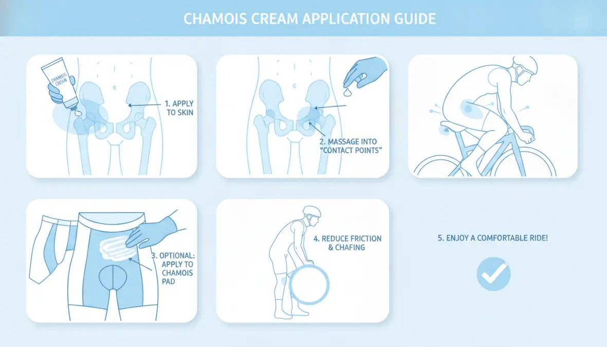 Step-by-step guide showing how to apply chamois cream for cycling comfort
