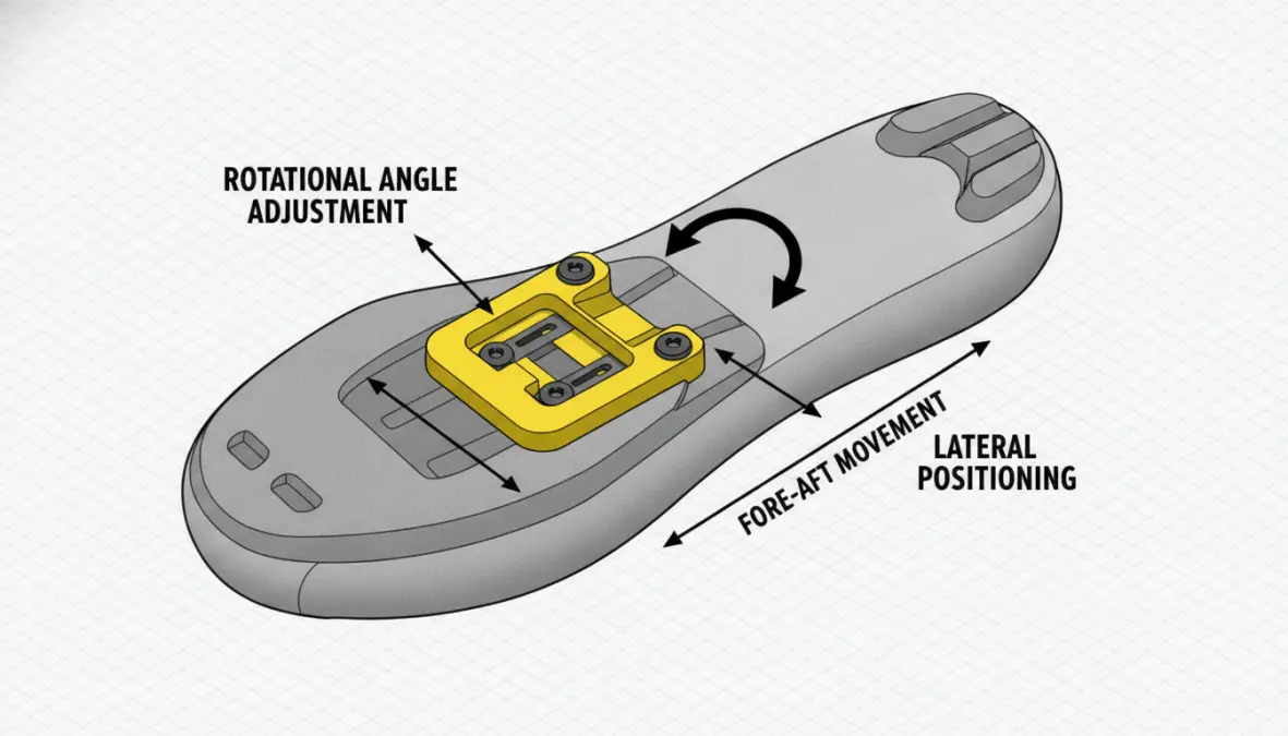 Diagram showing three critical dimensions of cycling cleat position setup including fore-aft and angle adjustment