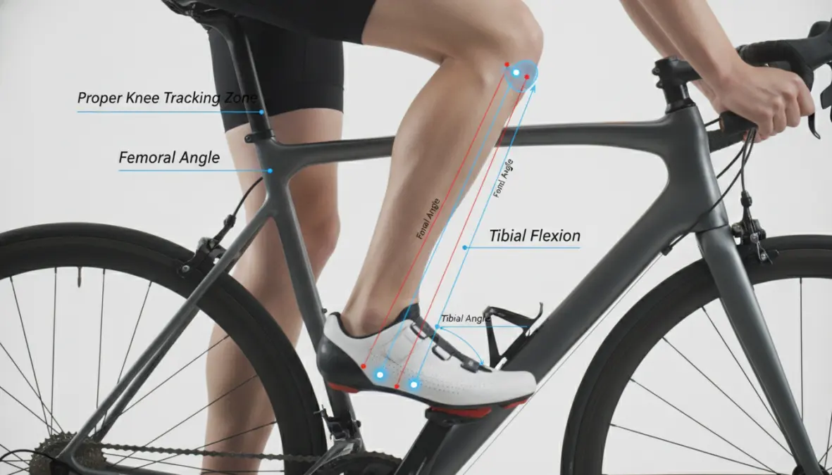 Proper knee alignment cycling biomechanics showing optimal cleat placement to prevent knee pain