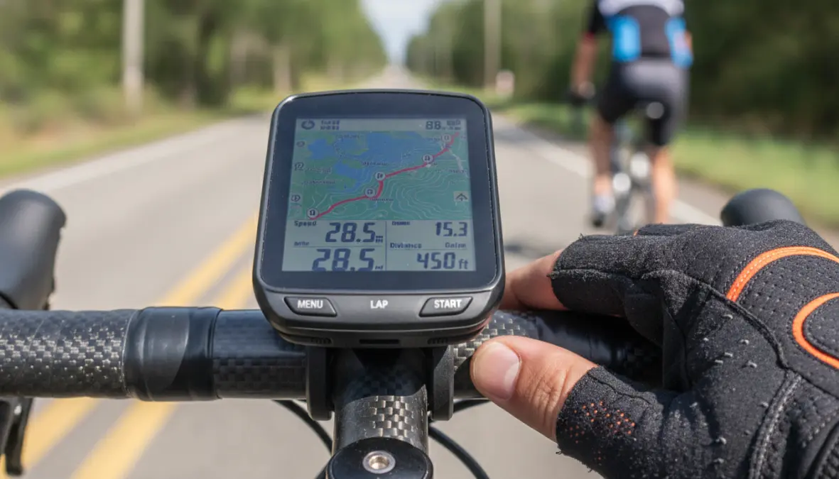 GPS cycling computer showing clear screen visibility in sunlight with navigation display