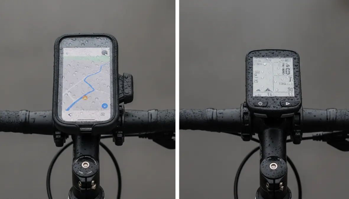 Weather resistance comparison between smartphone bike mount and dedicated cycling navigation device