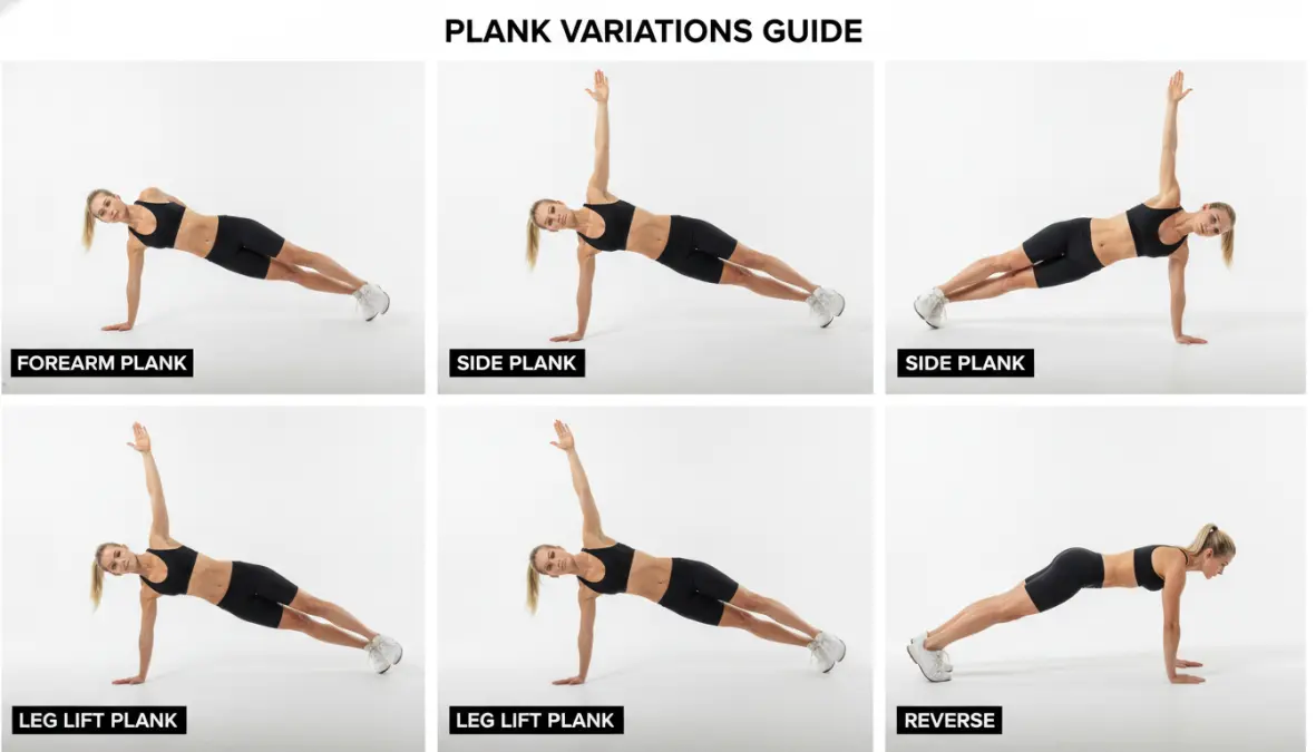 Plank variations for cyclists demonstrating bike-specific core exercises