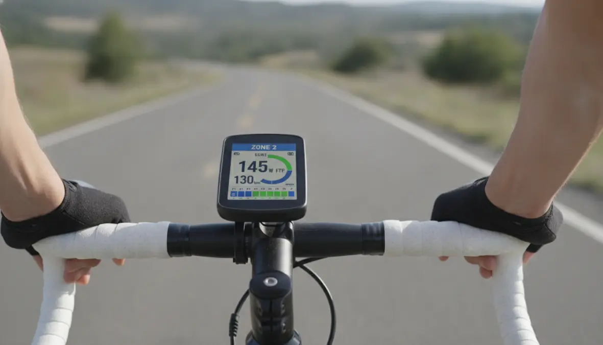 Cycling power meter displaying zone 2 training heart rate data for endurance workout