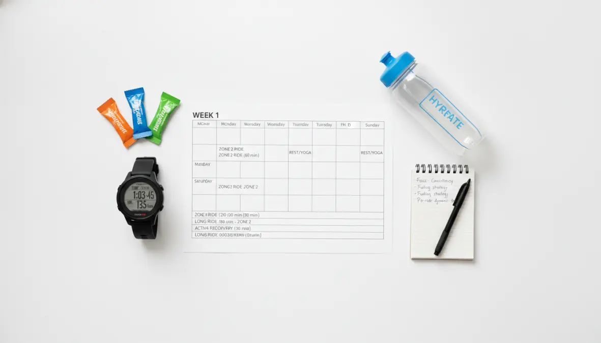 Cycling training plan showing structured base building workouts and periodization schedule