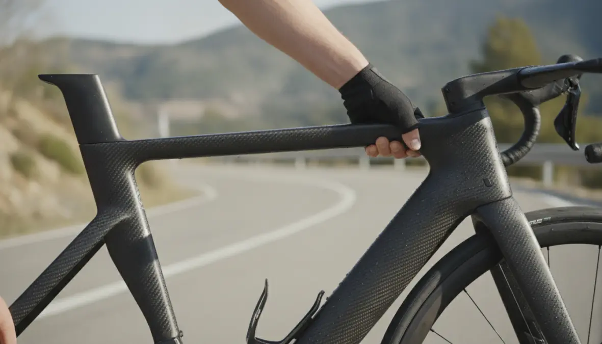 Carbon fiber bike frame close-up showing lightweight construction and aerodynamic design