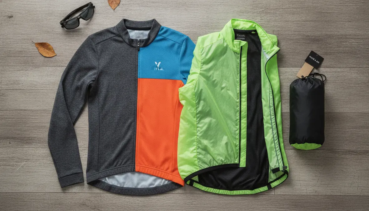 Cycling layering system showing packable gilet with breathable mesh back and windproof fabric