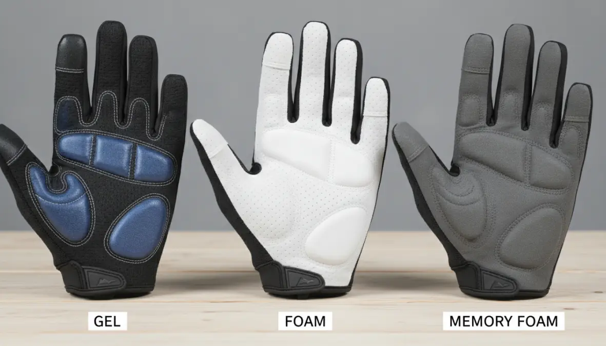Different types of cycling glove padding including gel padding and foam showing palm padding zones for preventing hand numbness