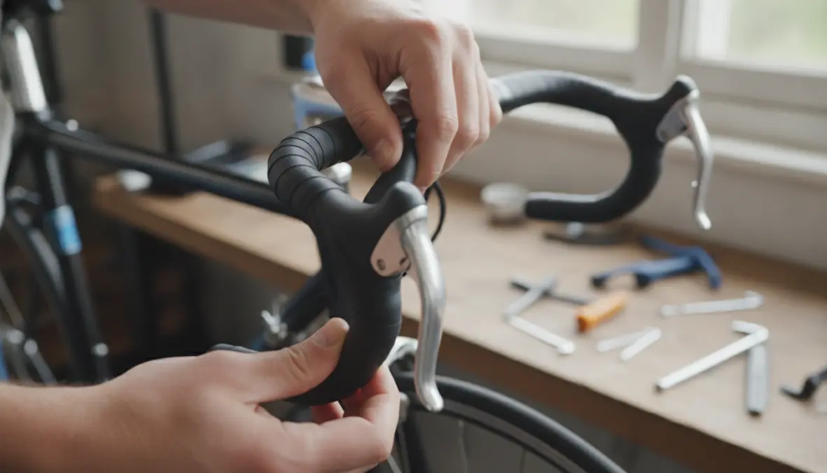 Step by step handlebar tape installation showing proper wrapping technique around brake levers