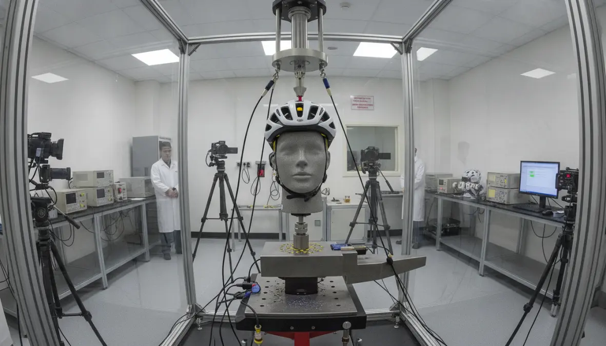 Bike helmet testing laboratory equipment demonstrating helmet impact protection and crash test procedures