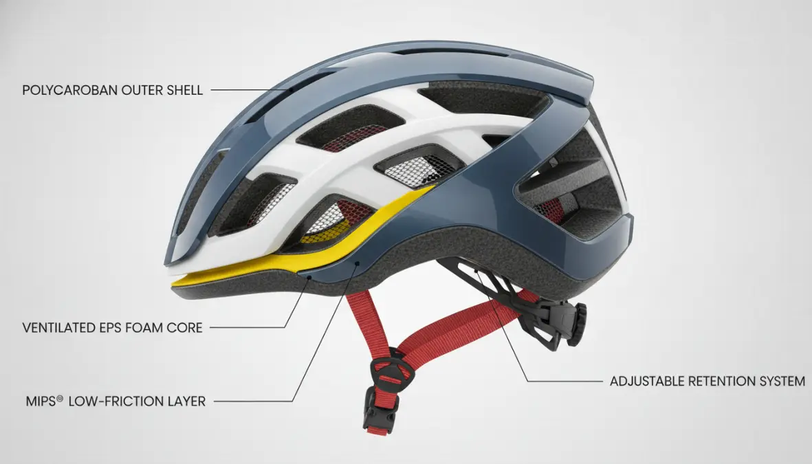 Cycling helmet safety features including MIPS technology, foam liner quality, and retention system components