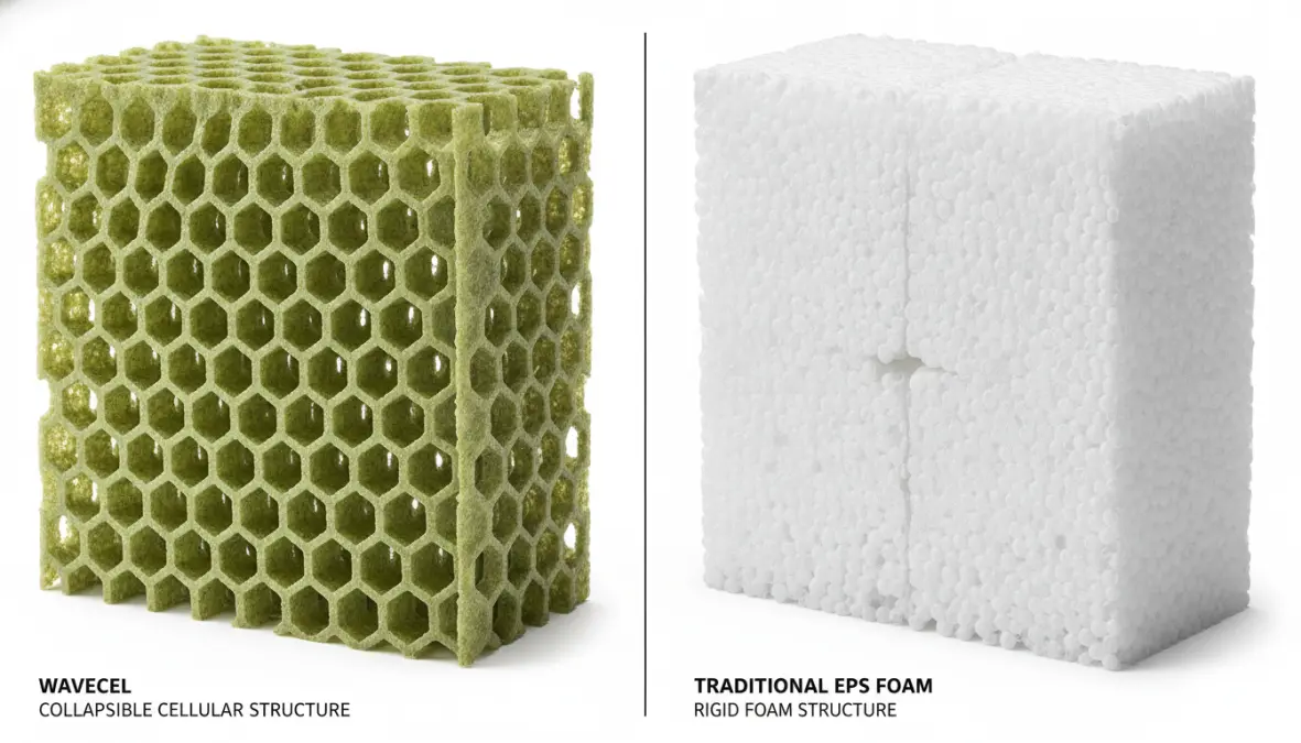 WaveCel cellular structure compared to traditional helmet foam showing advanced safety technology