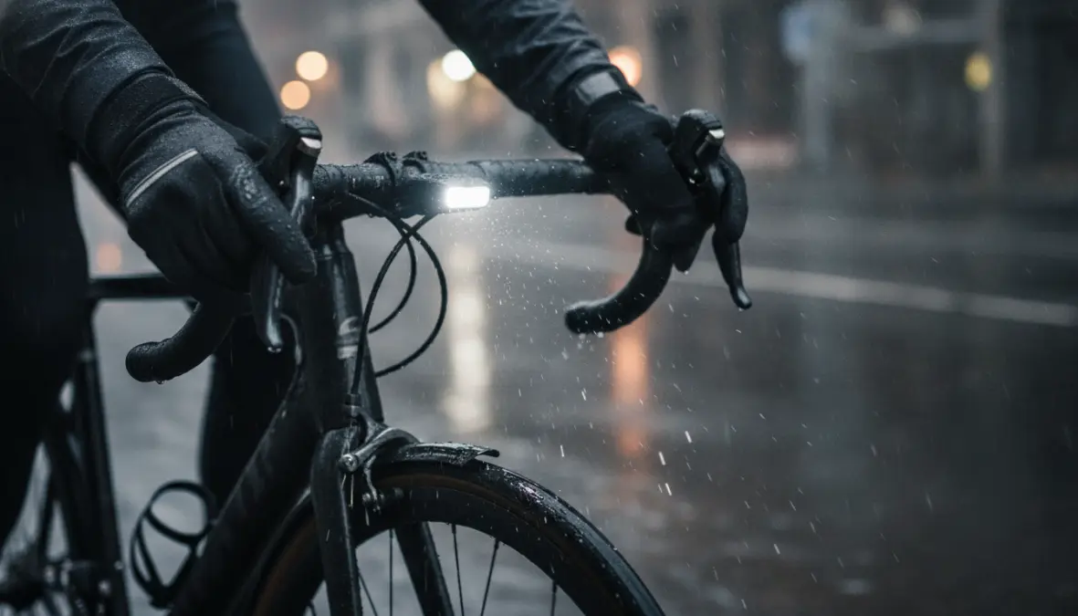 Cyclist wearing waterproof gloves demonstrating proper braking technique in wet weather cycling conditions