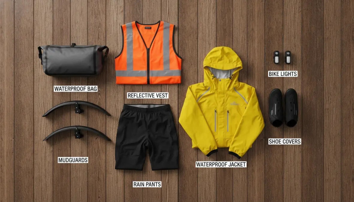 Complete waterproof cycling equipment and rain gear essentials for safe cycling in wet weather