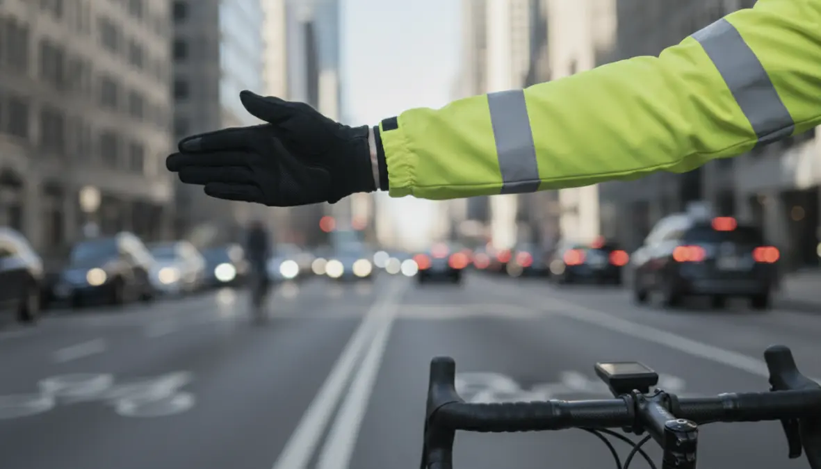 Cyclist demonstrating proper hand signals for safe urban cycling in traffic