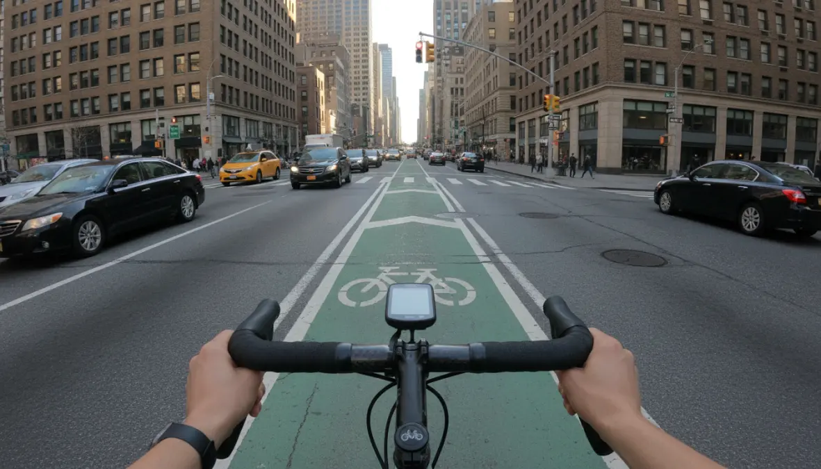 Cyclist's view of navigating busy city intersection showing defensive riding awareness in urban traffic