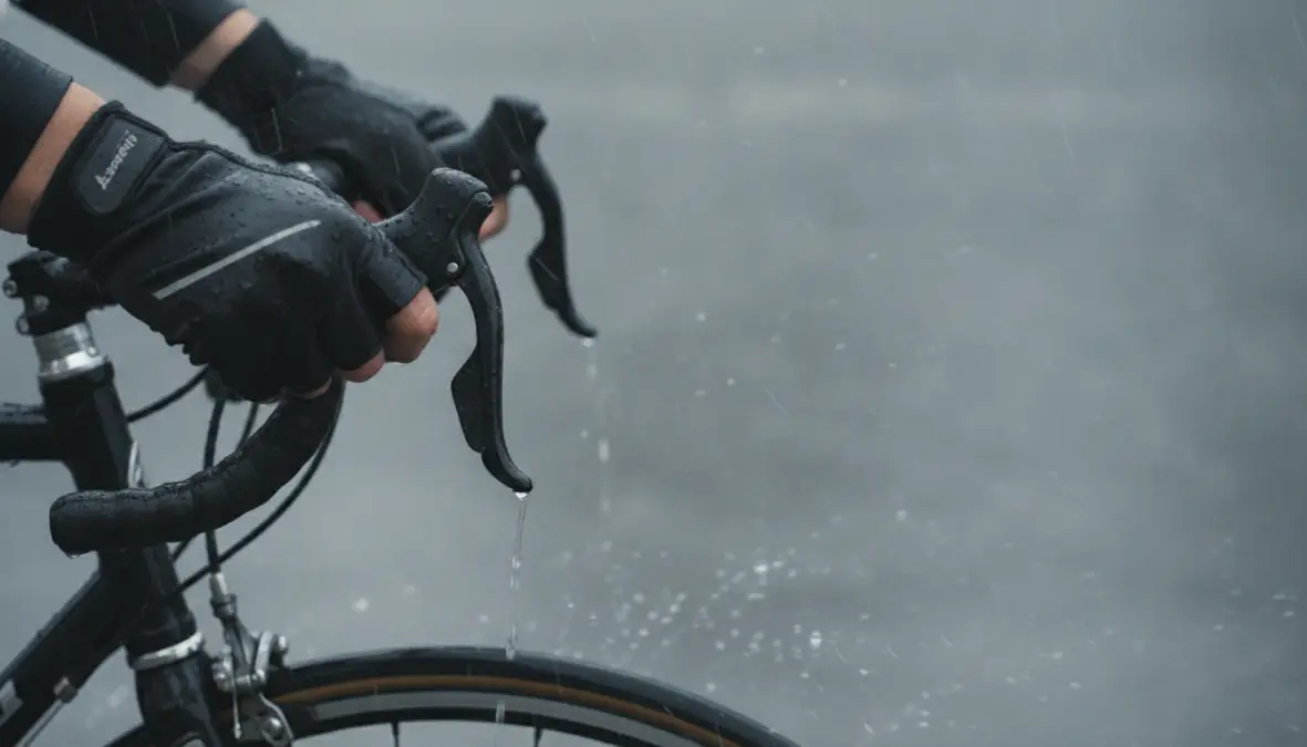 Cyclist braking safely on wet road with waterproof gloves and proper technique for wet weather cycling