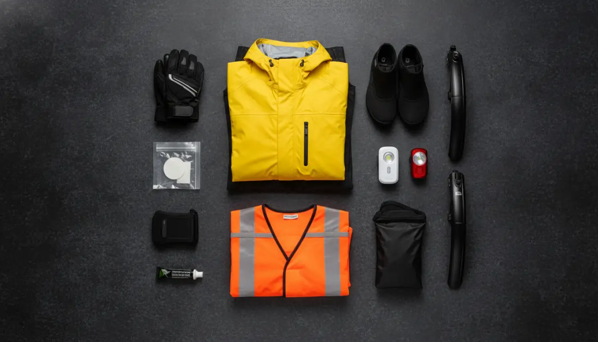 Complete set of cycling rain gear and equipment for safe rainy day cycling including waterproof clothing and lights
