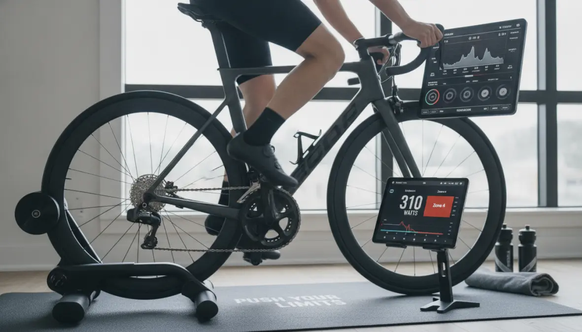 Indoor cycling interval workout with power meter showing training zones