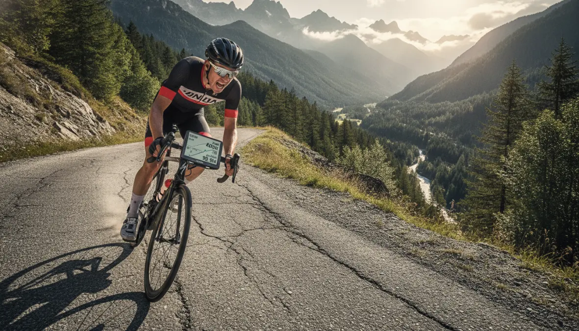 Cyclist doing VO2 max interval training on climbing road with power meter