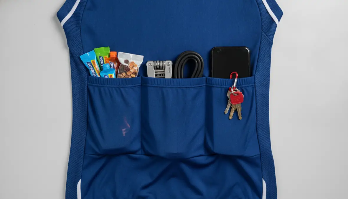 Organized cycling jersey pockets showing proper placement of tools, phone, and nutrition