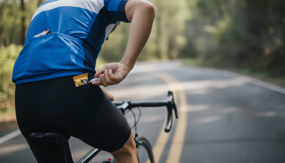 Cyclist safely accessing rear jersey pocket while riding bike with one hand