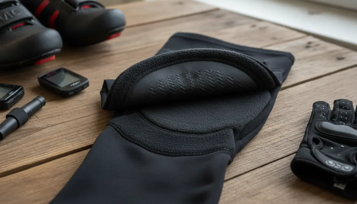 Close-up of thermal cycling knee warmer showing fleece lining and silicone gripper band