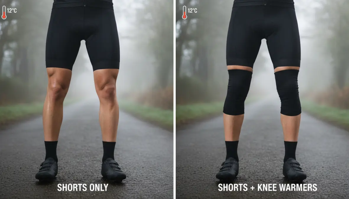 Comparison showing cyclist with and without knee warmers in cool weather conditions