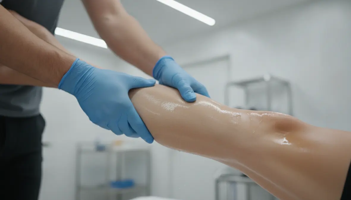 Sports massage on cyclist's shaved leg showing benefits of leg shaving for cycling massage preparation