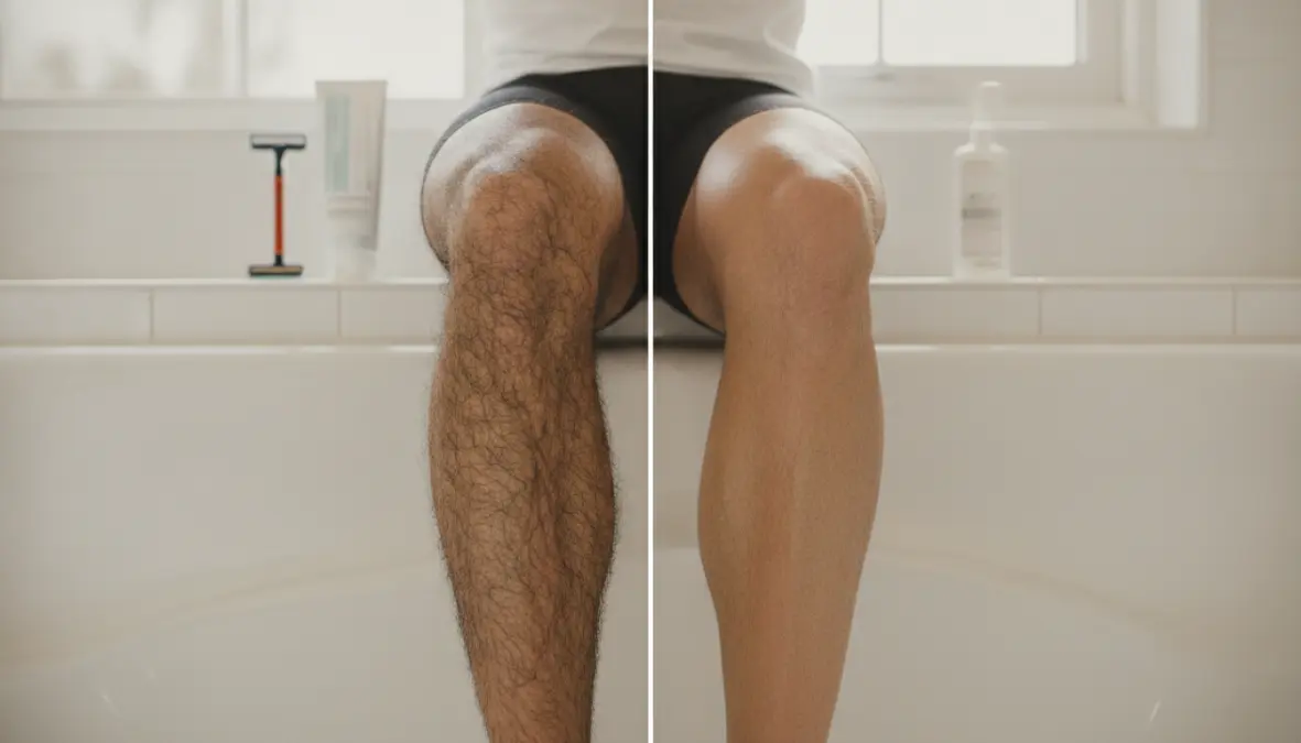 Before and after comparison of cyclist leg shaving showing smooth results and hair removal process