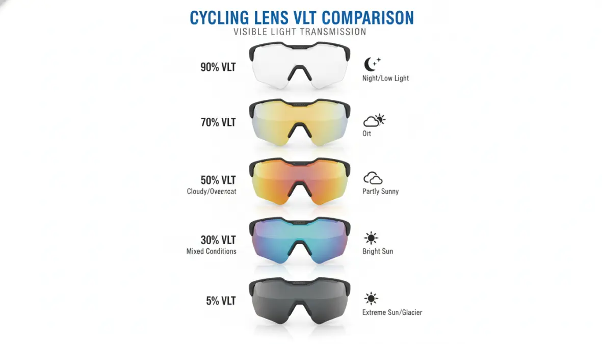 VLT percentage chart showing different cycling lens colors from clear to gray with light transmission values