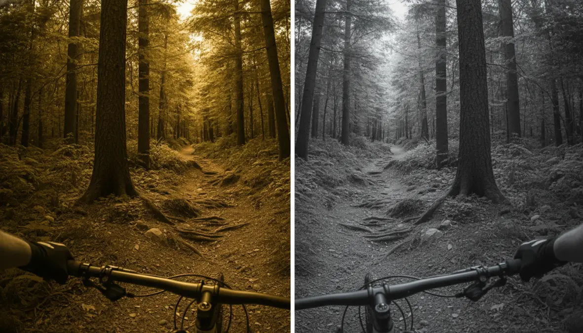 Comparison of yellow amber cycling lens versus clear lens for low light mountain biking conditions