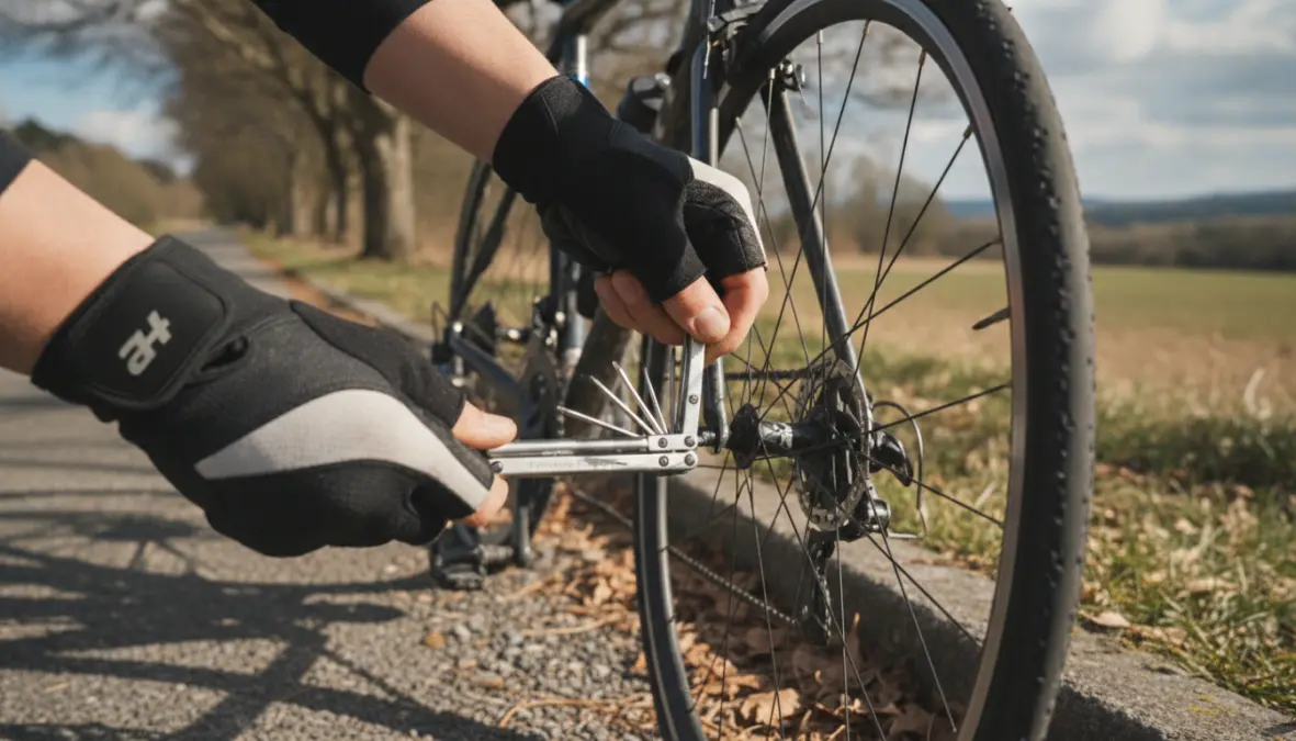 Cyclist using portable bike repair kit multi tool for roadside maintenance