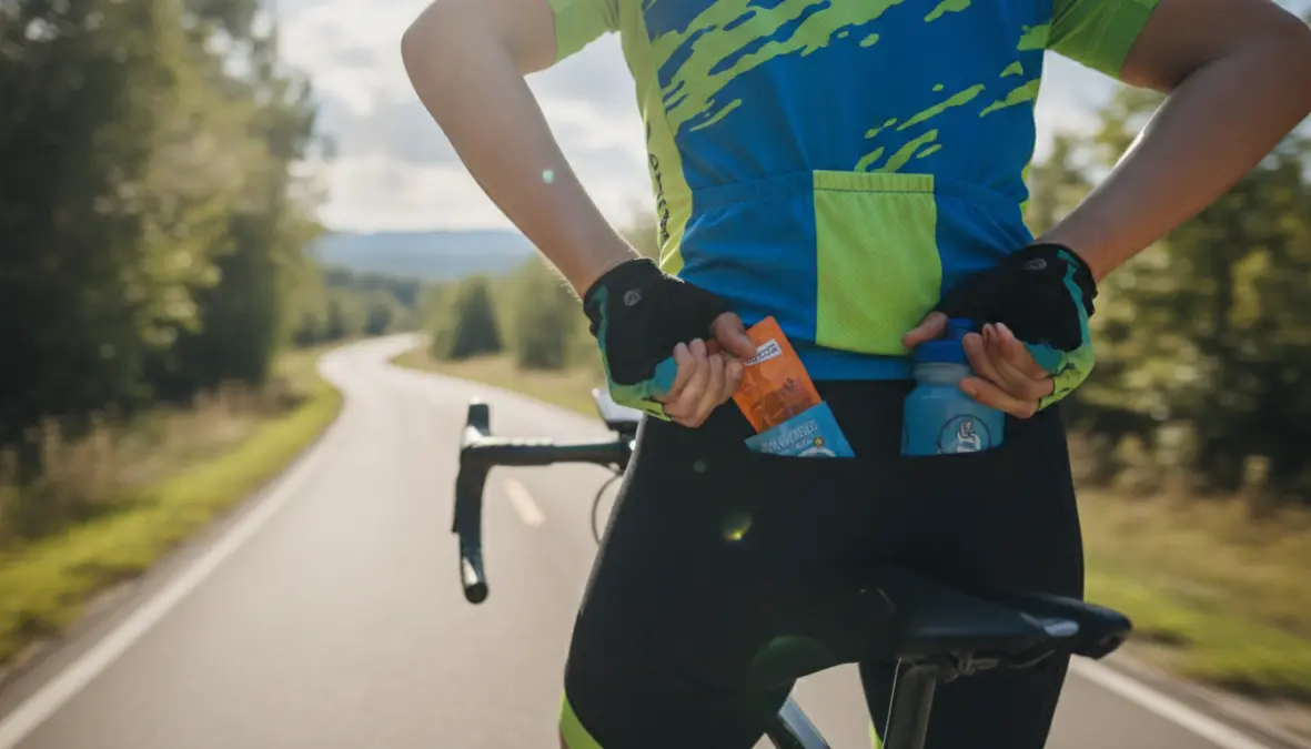 Cyclist consuming energy gel and hydration during long bike ride for endurance nutrition