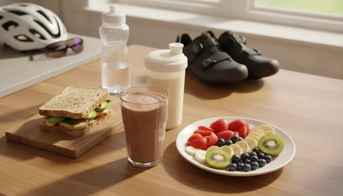 Post ride recovery food with protein and carbohydrates for cyclist nutrition and faster recovery