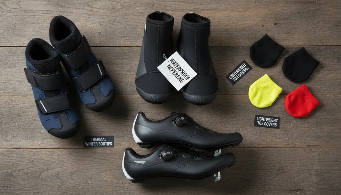 Different types of cycling overshoes including waterproof, thermal and neoprene options